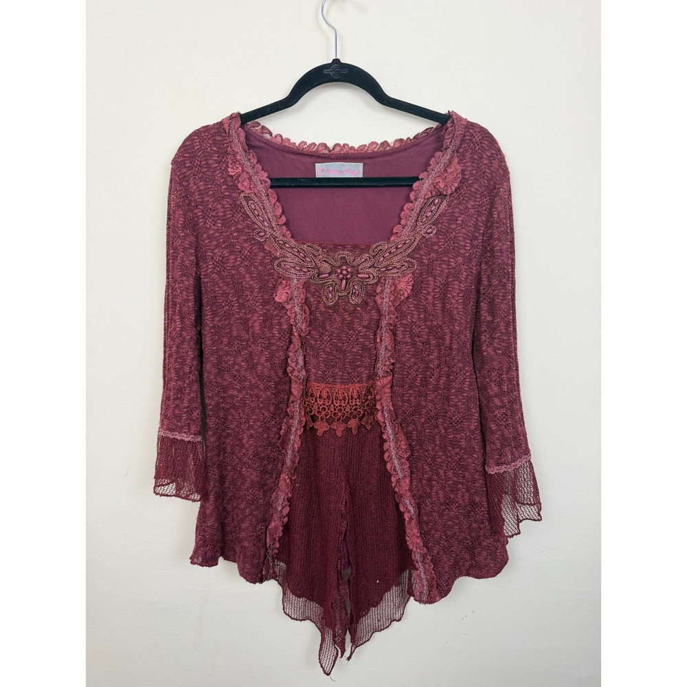 Pretty Angel Burgundy Lace Beaded Boho Layered Top Sharkbite Hem Fairycore